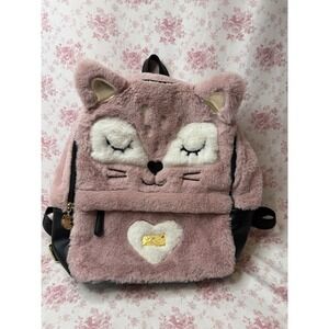 Betsey Johnson Pink Faux Fur Fox Backpack Gold Accents Heart 14x16